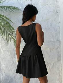 Aloruh Light Yellow Sleeveless Mini Dress, Elegant Business Casual Short Dress, Solid Color Dress - Black - View 2