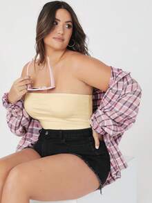 SHEIN BASICS 大码女式夏季纯色百搭露脐抹胸上衣 - 彩色 - 查看 4