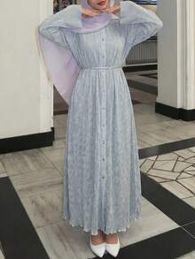 Solavon Stylish Women Pleated Texture Long Maxi Dress With Belt Casual Button Front A Line Dress For Everyday Wear - Baby Blue - View 2