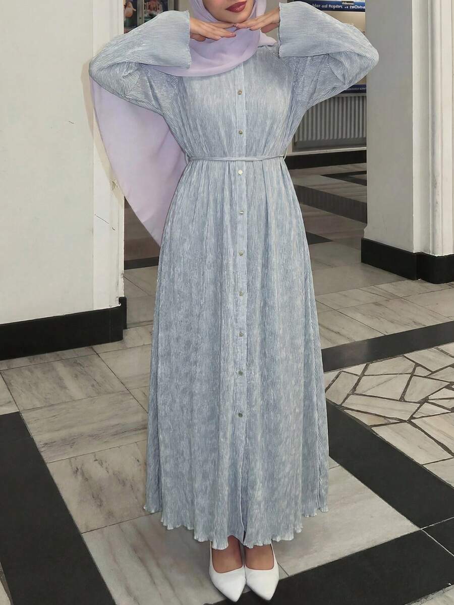 Solavon Stylish Women Pleated Texture Long Maxi Dress With Belt Casual Button Front A Line Dress For Everyday Wear