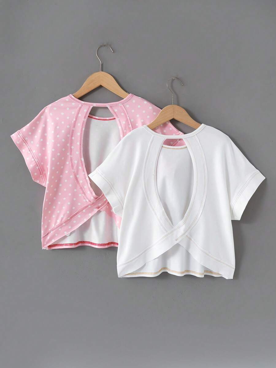 SHEIN Girlism 青少年女孩 2件套 粉色與白色波點 夏季可愛 母女款親子套裝 休閒時尚 交叉露背寬鬆T恤 - 彩色 - 查看 1