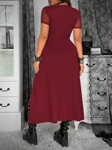 Whyspr Dark-Colored High Slit Sexy Long Flare Sleeve Dress - Burgundy - View 2