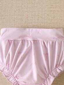 SHEIN 3件組 新生女嬰夏季粉色蝴蝶結印花連身衣與內褲，附髮帶，面料寬鬆舒適易穿脫 - 紫色 - 查看 6