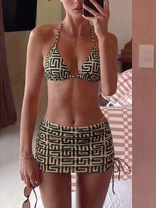 Swim SXY Spring Break Women's Summer Beach 3-Piece Set, Geometric Print Triangle Halter Bikini And Beach Skirt, Festival Boho - Multicolor - View 1