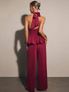 COSMINA Women's Solid Color Ruffle Hem Halter Top And Pants Fashion Set Bar Party Night Burgundy Summer Elegant - Red - View 5