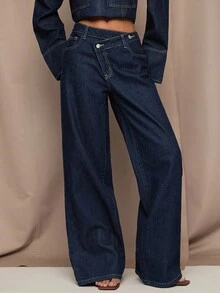 SHEIN Tall CURVE 秋冬夏季加大码女式直筒牛仔裤，休闲宽松不对称腰线设计，原色牛仔布 - 深色水洗藍 - 查看 4