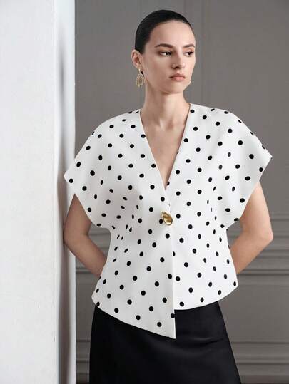 Aveloria Modichic Asymmetric V-Neck Sleeveless Top With Black & White Polka Dot Pattern, Casual Commuter Wear, Metal Buckle Waist Decor, Sophisticated Retro Chic