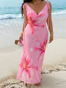 GalTyme Plus Size Floral Print Draped Fitted Summer Sleeveless Dress - Pink - View 3