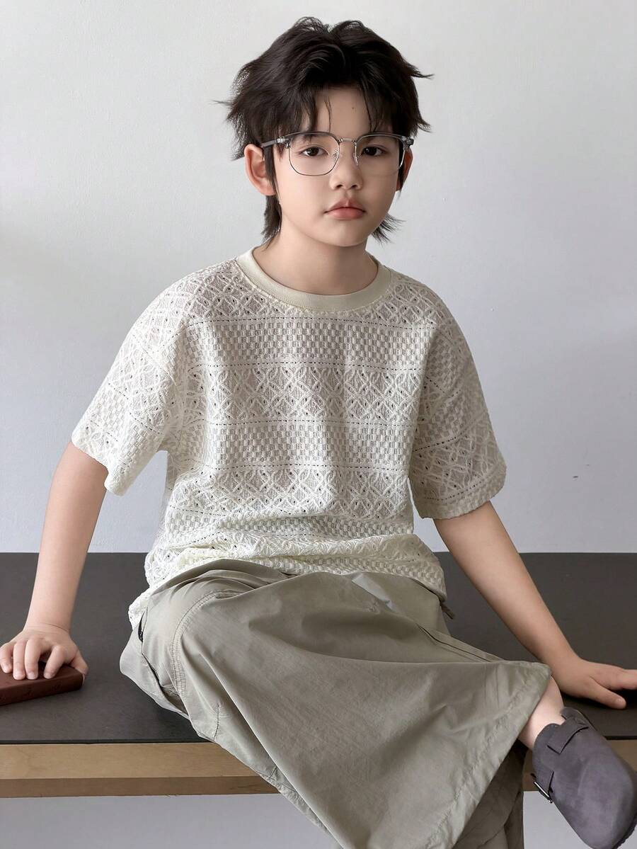 Dazy Kids 大童男童大尺碼純色紋理圓領短袖上衣 夏季 - 杏色 - 查看 1