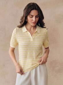 2026 Camisetas de punto de manga corta con cuello medio de rayas de alta calidad y nueva moda de verano, talla estándar para mujer, tops lindos - Amarillo - Ver 4