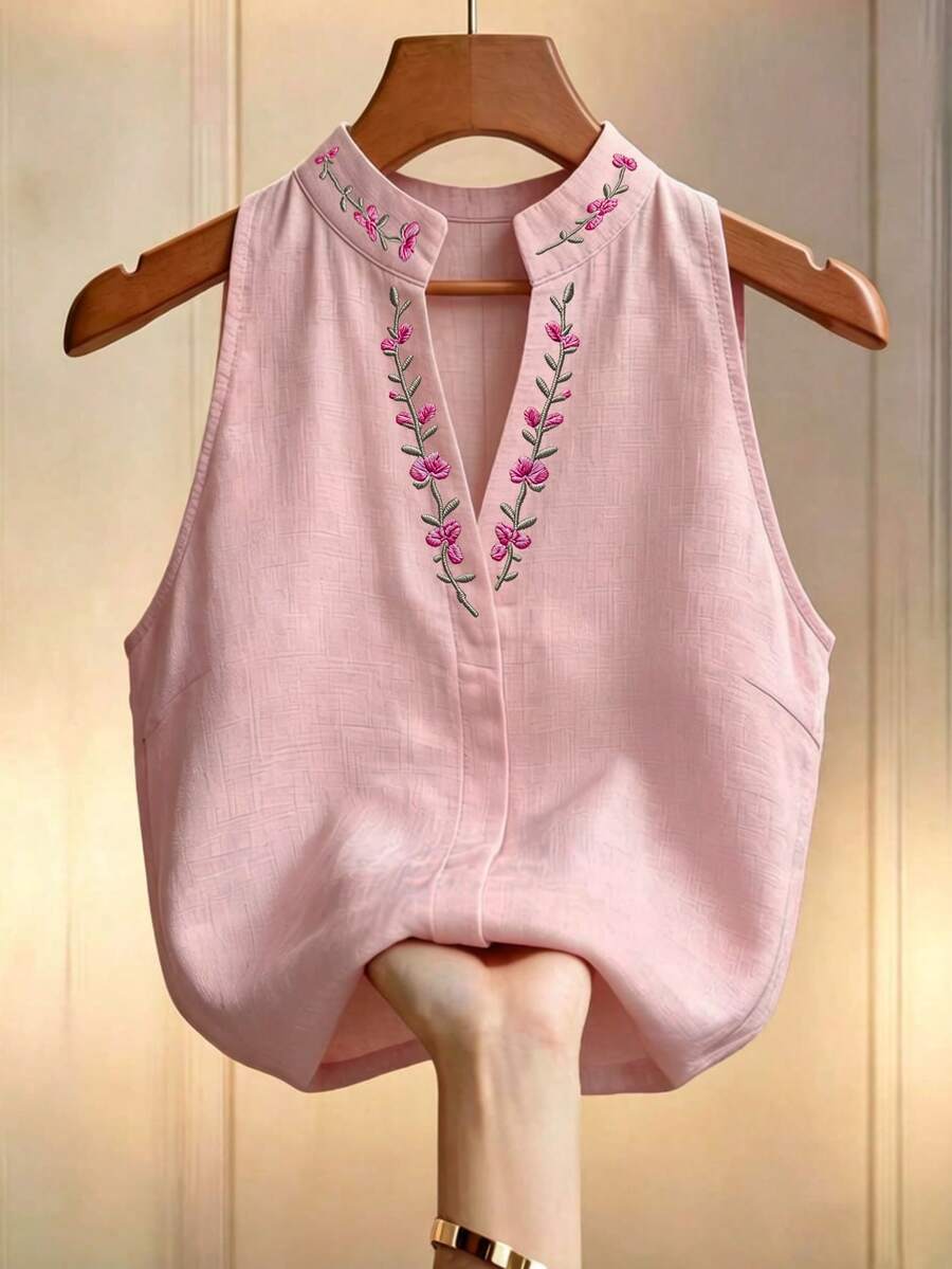 Elouméa 女款花卉刺繡立領無袖上衣,刺繡上衣,女款夏季穿搭,優雅上衣,通勤上班穿著 - 粉色 - 查看 1
