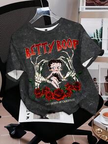 Betty Boop x SHEIN 女款花卉字母印花可愛圓領短袖T恤街頭風 - 白色 - 查看 3