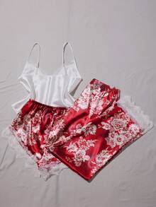 LuxeNights 3pcs Women Sexy Satin Camisole Sleepwear Set, Lace Trim Shorts & Printed Pants, Multi-Piece, All Season - Burgundy - View 2