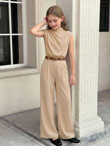 SHEIN Serisse Kids 少女優雅無袖繫帶連身褲 卡其色夏季派對穿搭 - 卡其色 - 查看 7