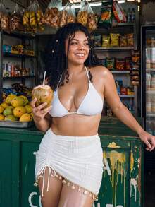 SHEIN Swim 大尺碼 2026 夏季新款海灘度假黑白貝殼飾邊兩件式罩衫 - 黑與白 - 查看 6