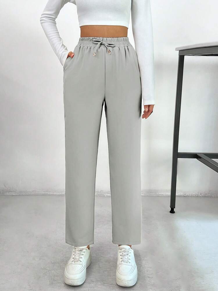 SHEIN PETITE Petite Pants With Drawstring, Slanted Pockets - Grey - View 1