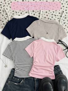 SHEIN 少女黑白条纹V领Polo衫，翻领设计，侧边褶皱腰身，修身短袖，复古学院风儿童上衣，透气休闲，适合夏季穿着，独特的条纹上衣，适合上学和外出穿着。 - 黑與白 - 查看 2