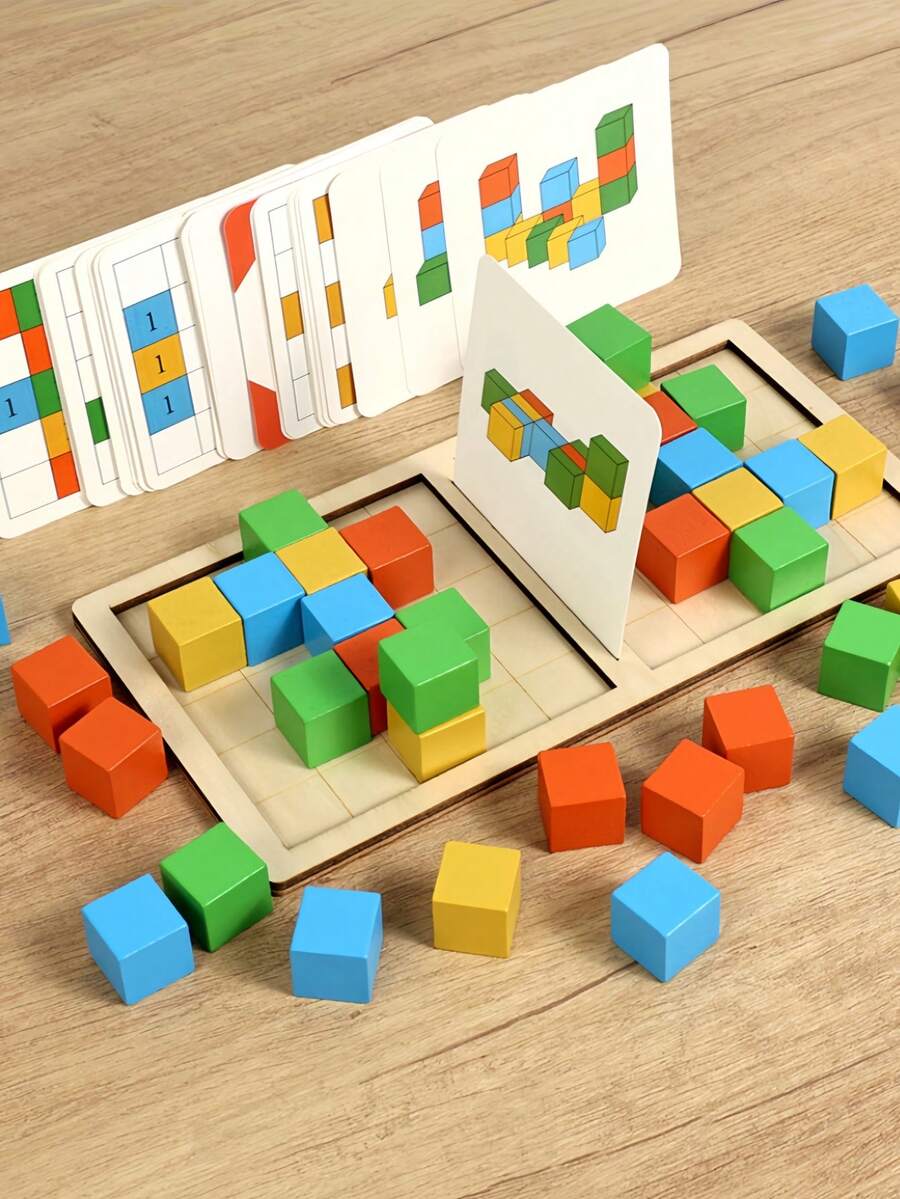 MINKOJA Kids Wooden 3D Block Battle Game Spatial Logic & Number Reasoning Puzzle With Challenge Cards Focus & Reaction Training Educational STEM Building Blocks Toy