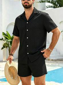 Azuldrift Men's Solid Color Shirt And Shorts Black Summer Casual Tropical Beach Vacation Set Matching Swimwear For Couples Hawaii Outfits Pool Suit - Black - View 7