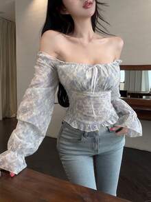 Joudiya Light Blue And White,Summer,Elegant,Dates,Butterfly Embroidery All-Over Print Textured Lace Blouse,Off-Shoulder Crop Top With Front Tie Closure,Shirt - Blue - View 5