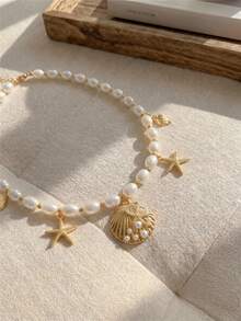 Resyla 1pc Bohemian Style Sea Themed Starfish And Seashells Pendant Necklace, Suitable For Women Beach Holiday Wear - Gold - View 3