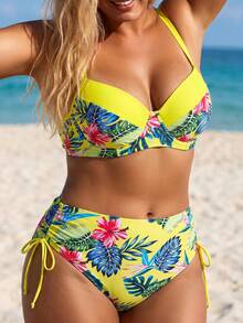 Slaydiva 2026 Plus Size CURVE Tropical Print Double Strap Summer Beach Vacation European & American Plus Size Swimwear Set - Yellow - View 4