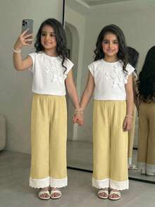 2pcs/Set Tween Girls' Summer Casual Tea Party Outfit,White Bow Decor Raglan Sleeve Knit T-Shirt And Yellow Striped Textured Straight Leg Pants - Yellow - View 7