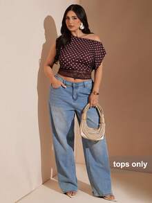 SHEIN BAE CURVE Áo kiểu dáng thanh lịch, cổ xéo, hở vai, phối ren, eo thon. - Màu Đỏ Sâu - Xem 3