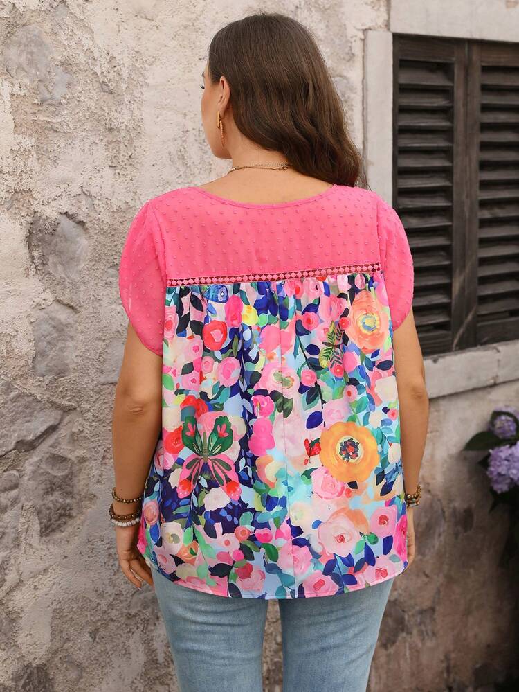 Plus Size Women Spring Casual Vacation Floral Print Petal Sleeve Blouse Summer Top Beach Outfit For Women