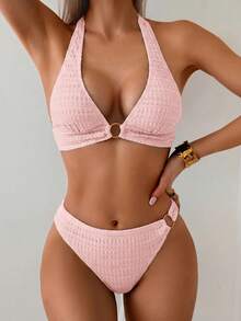 Swim Basics 女款夏季海灘純色掛脖綁帶性感比基尼三角褲兩件式泳衣套裝 - 粉色 - 查看 3