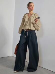 Hauture 女士蓬蓬长袖V领连体衣性感办公服 - 米色 - 查看 5