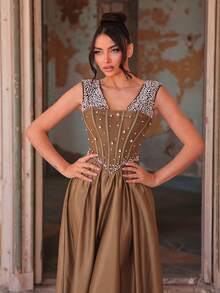 Aureia Elegant Green Satin Mermaid Formal Party Dress Heavily Embellished With Rhinestones Crystals Wedding Guest Bachelorette Evening Gown - Army Green - View 6
