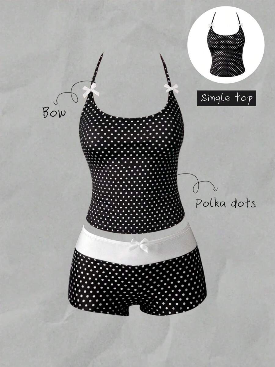 Elavelle Bộ bikini nữ cổ yếm họa tiết ngẫu nhiên trang trí nơ, xuân/hè - Nhiều màu - Xem 1