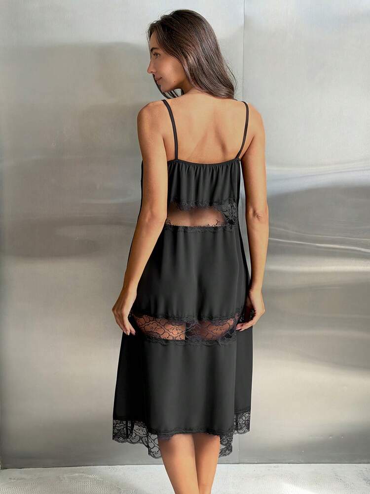 Women's Solid Color Spaghetti Strap Lace Patchwork Summer Nightgown