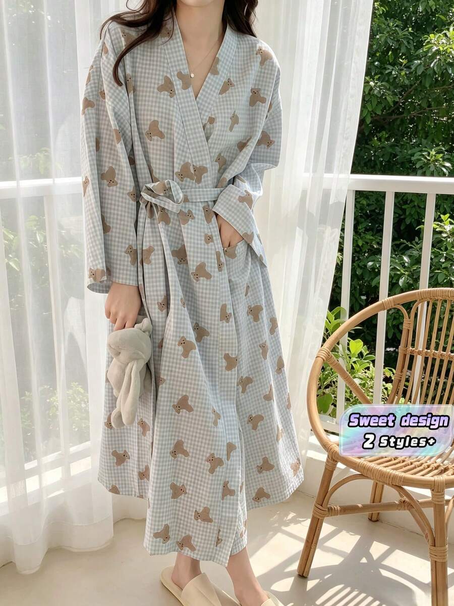 女款長款輕量浴袍 柔軟蓬鬆居家服 歐美風簡約長袖睡袍 甜美可愛熊圖案印花 薄款純色睡衣家居服 春秋休閒居家穿著 舒適日常晨袍 - 藍色小熊 - 查看 1