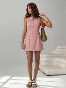 SHEIN EZwear Lotus Root Rosa Ärmlös Miniklänning Utan Rygg Dam - Dammrosa - Visa 5