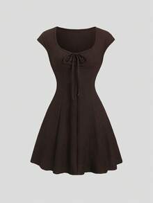Sweetra Vintage Solid Color Front Tie Cap Sleeve Casual Dress - Coffee - View 1