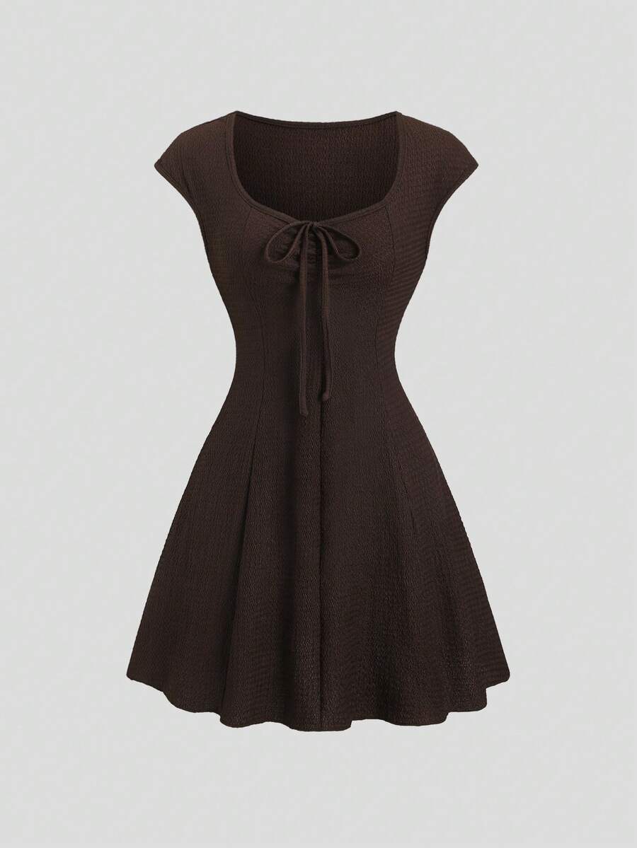Sweetra Vintage Solid Color Front Tie Cap Sleeve Casual Dress - Coffee - View 1