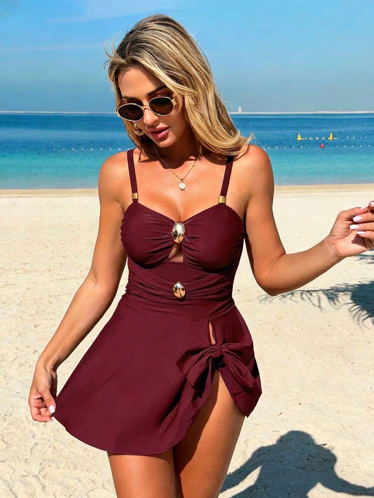 Swim Lushoire فستان سباحة نسائي صيفي للعطلات وحفلات الشاطئ بحمالات رفيعة وزينة معدنية باللون الأحمر مثير - عنابي اللون - مشاهدة 3