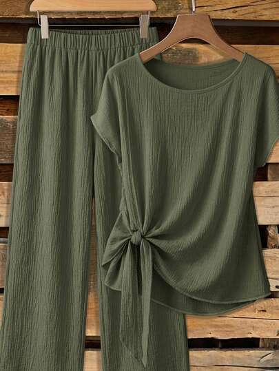 SHEIN Clasi 2pcs Women's Tie Bow Blouse And Straight Leg Pants Set, Military Green, Suitable For Summer