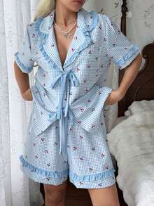 CottageSlumber Cherry Plaid Print Patchwork Solid Color Ruffle Bow Romantic Women Pajama Set - Multicolor - View 4