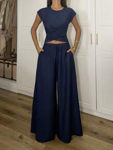 Ronhire New New Spring And Summer Leisure Vacation, Daily Outing, Versatile Wear, Elegant, Cruise Travel, Seaside, Beach, Vacation, Sunbathing, Popular Online Style, Small Round Neck, Overlapping Hem, Irregu Yoga Jumpsuit Wool Two Piece Women S Tall Clothing Yatch Outfit Women Work Outfits Women - Navy Blue - View 4