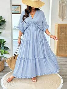 Vionelle Plus Size Women Light Blue Ruffle Hem Loose Long Dress, Spring/Summer Beach Vacation Vacation Boho - Blue - View 3