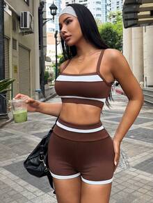SHEIN Dewbera 女士休闲运动撞色背心短裤套装 - 棕色 - 查看 4