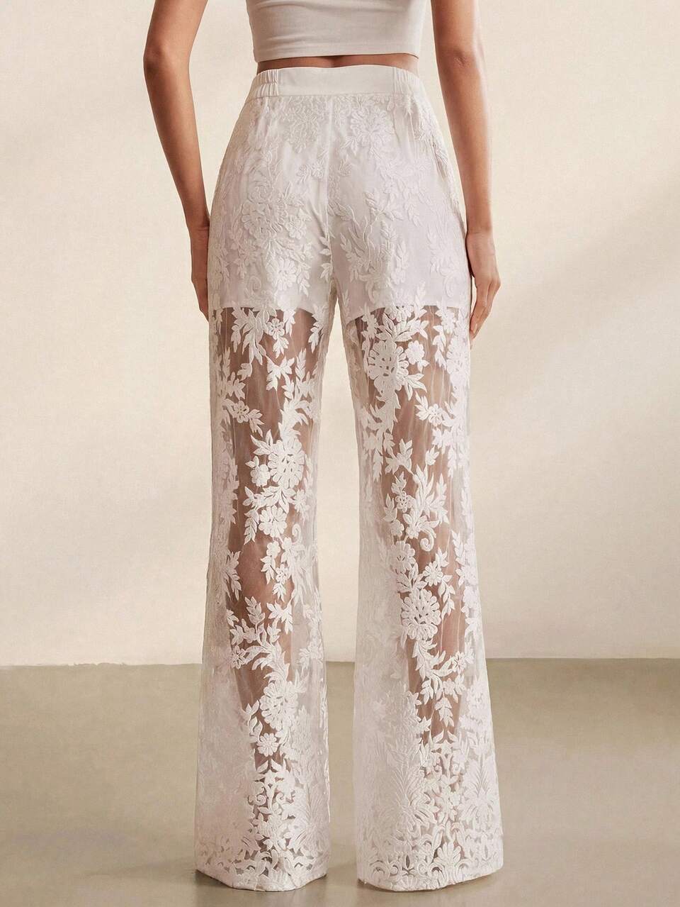 Custom White Embroidered Sheer Elegant Urban Women's Lightweight Blazer & Flared Pants Set, Spring/Summer