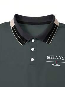 Manfinity Homme 男士珠飾刺繡羅紋領短袖休閒 Polo 衫，正式款 - 深灰色 - 查看 4
