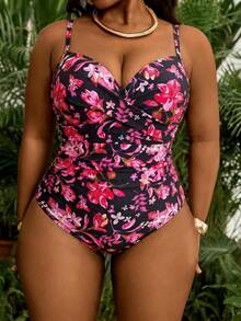 Swim Vcay Plus Size Women's One-Piece Random Print Casual Swimsuit - Black - View 4