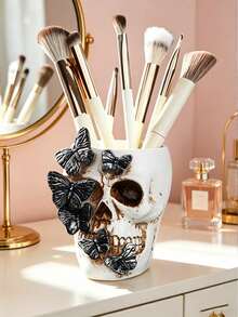 Gothic Skull And Butterfly Resin Storage Box - The Unique Engraved Design With Black Butterflies Makes It Perfect For Storing Makeup Brushes, Pencils Or Small Accessories. It Can Be Placed On A Vanity Table, Office Desk Or A Gothic-Style Corner. It Offers A Fashionable And Avant-Garde Storage Solution For Those Who Love Beauty And Alternative Home Decoration. - New Model - View 1