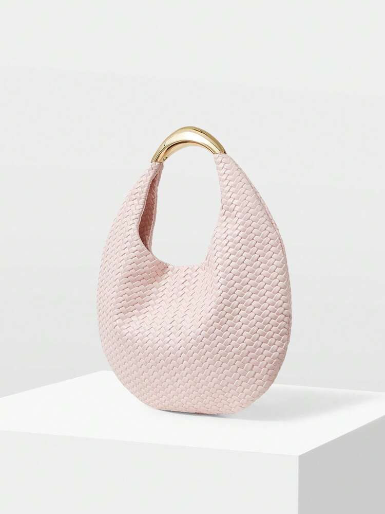 WOMEN'S FASHION LIGHT PINK WOVEN HANDBAG, EXQUISITE HARDWARE HANDLE, SIMPLE VACATION ROUND BAG, SUITABLE FOR DAILY, COMMUTING, SUMMER VACATION, TRAVEL, PARTIES, WEDDINGS, DRESS MATCHING