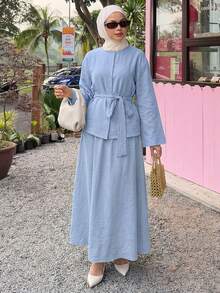 DAZY Setelan 2 Potong Musim Semi Kasual Longgar Elegan: Kemeja Pullover dan Rok Panjang untuk Wanita - Biru - View 4